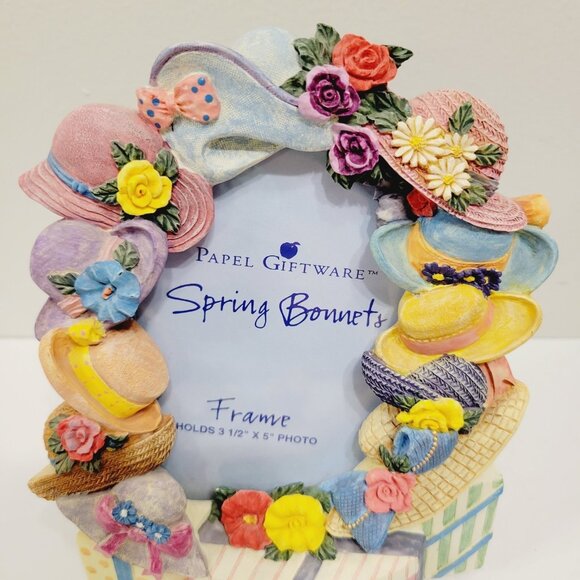 Vtg Papel Giftware Spring Floral Hat Cap Bonnets Resin Photo Picture Frame - Picture 2 of 6